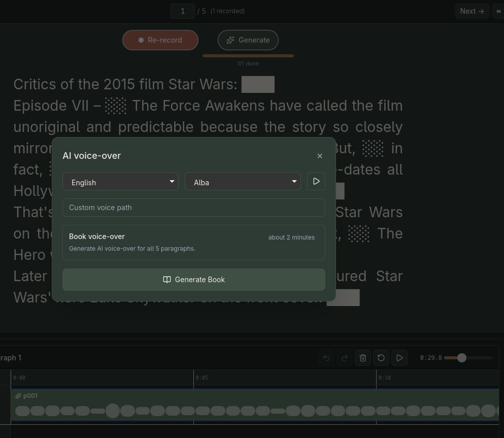 AI voice-over panel: choose language and voice, preview, then generate narration