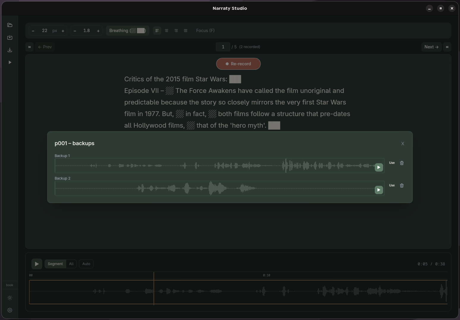 Backup selector: compare and restore previous takes