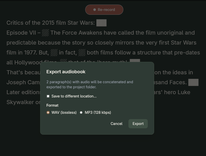 Export dialog: combine recordings and export as WAV or MP3