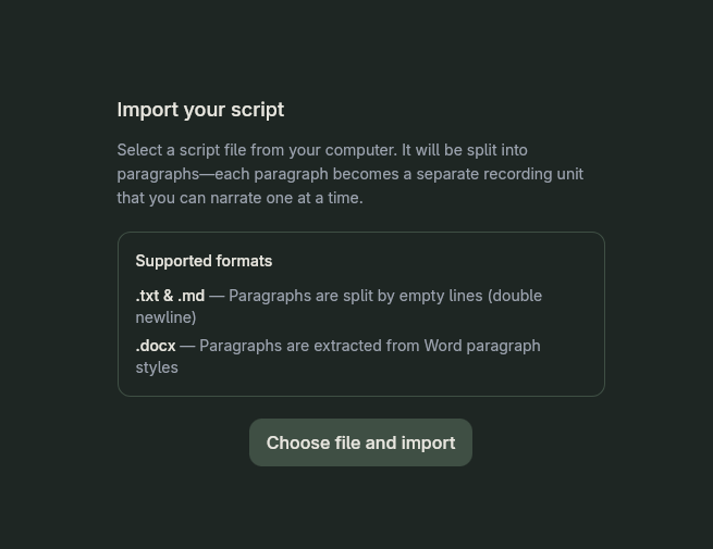 Import script: drag .txt, .md, or .docx to get started