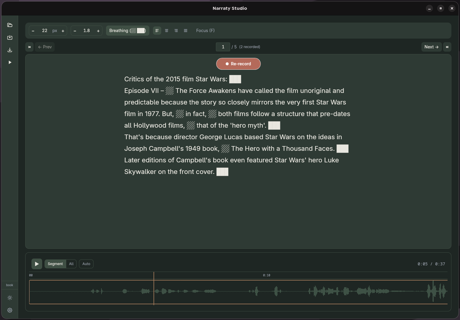 Main recording view: teleprompter with paragraph text, record controls, and timeline